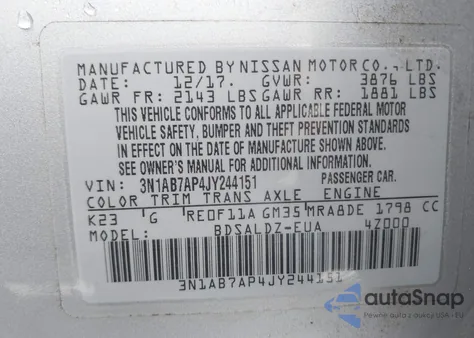 2018 Nissan Sentra Sv z USA, uszkodzony, nr VIN 3N1AB7AP4JY244151